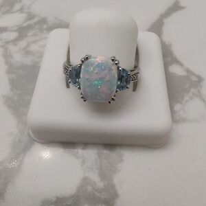 Elegant Sterling Silver Opal and Blue Topaz Gemstone Ring